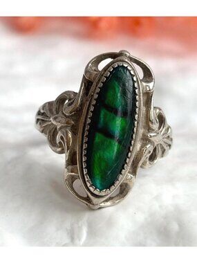 Green Abalone Inlaid Oval Cut Ornate Sterling Silver 925 Vintage Ring - sz 7